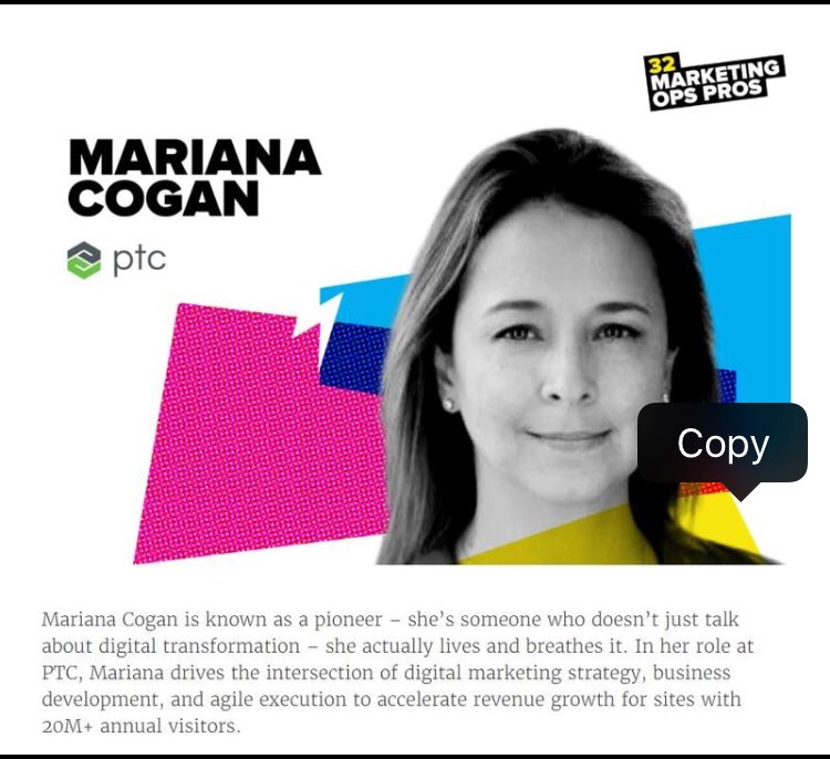 MarianaCogan's tweet photo. I am very honored to be recognized as part of this amazing group of digital marketing pioneers who are shaping the future of B2B Marketing. Thank you @Drift @PTC #lifeatPTC 
#digitalmarketing #b2bmarketing https://t.co/dgLbsltNyI