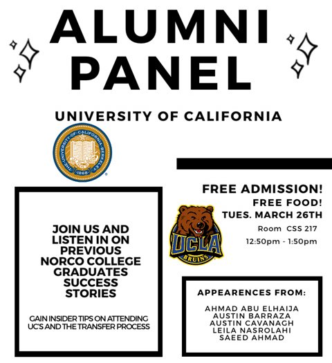 NorcoCollege's tweet photo. Honors Program Alumni Panel tomorrow during college hour. Come hear from our graduates about their transfer experience to @UCLA π» #thinktransfer https://t.co/8nXQ3GFTZu