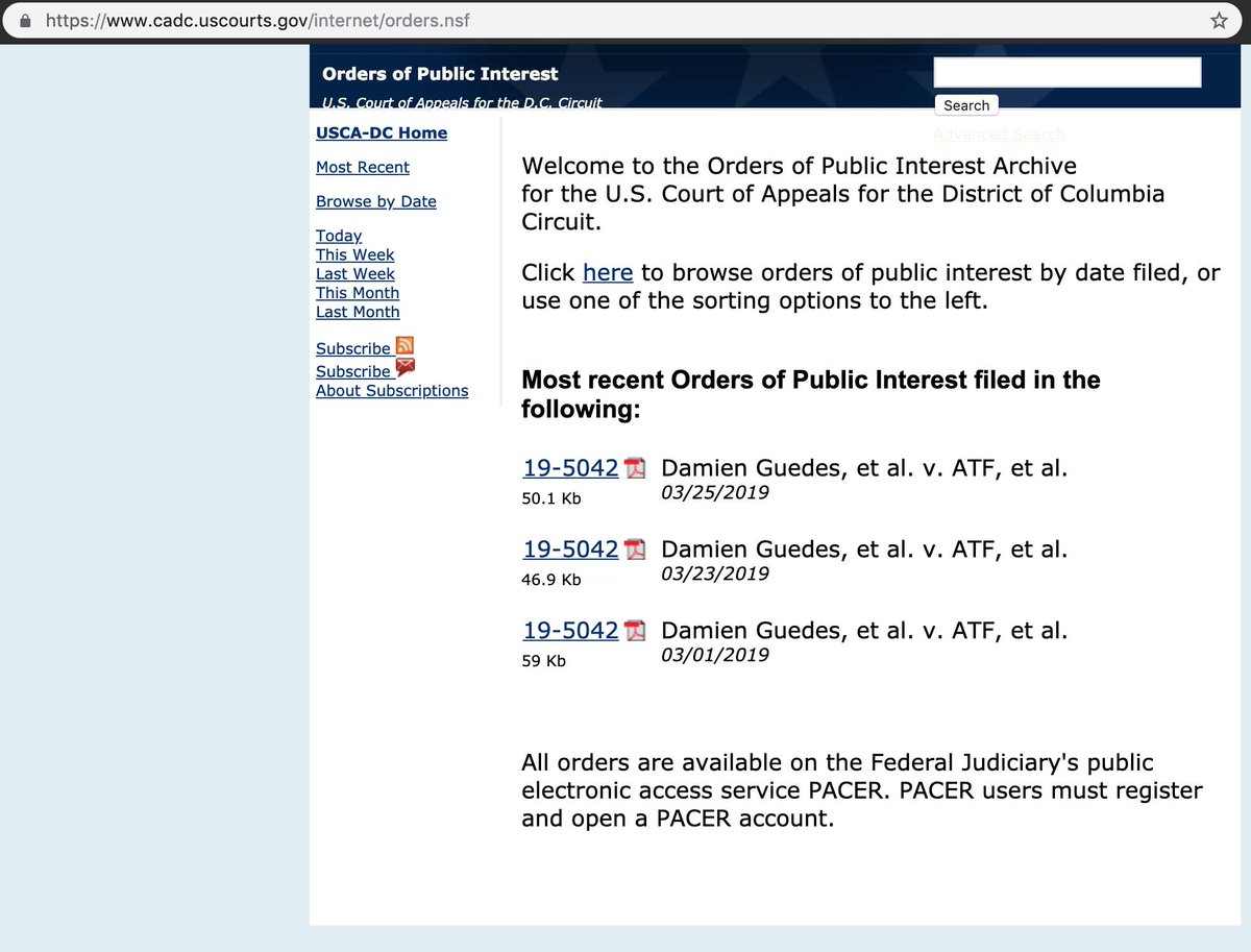 FPCAction's tweet photo. The first three entries in the DC Circuit's Orders of Public Interest Archive are on our @gunpolicyfdn #bumpstock litigation. Case info at https://t.co/QIR0Szyi1L #cadc #appellatetwitter https://t.co/OC3k0FIGAR