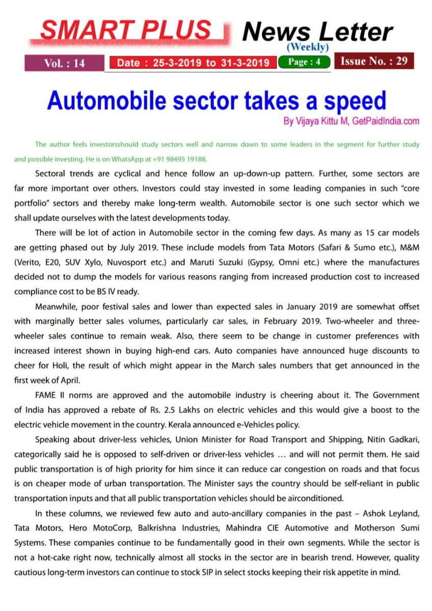 vijaykittu's tweet photo. A review on the #AutomobileStocks published in Smart Plus Newsletter (25 Mar 2019) https://t.co/mAcFBERepH