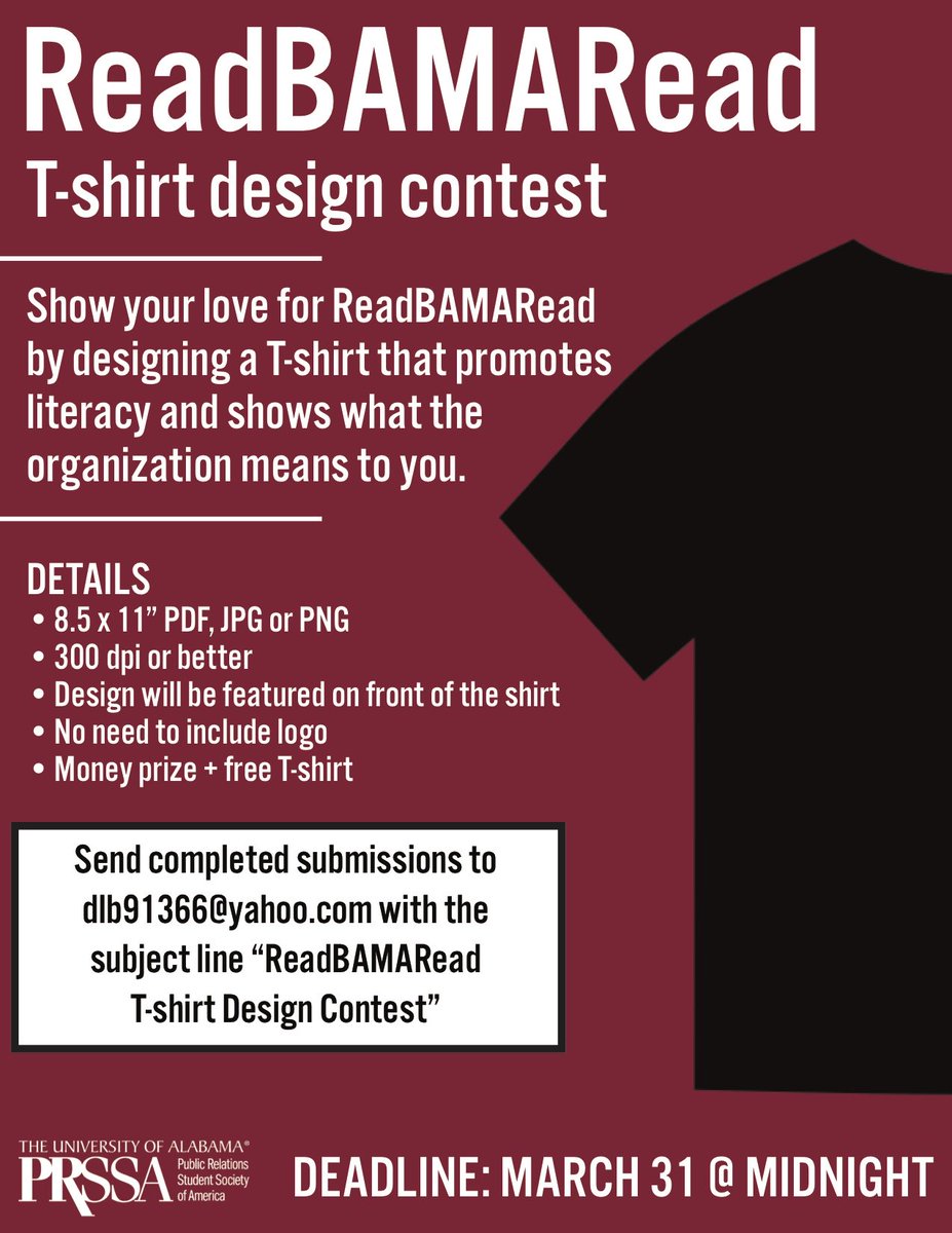 CapstoneAgency's tweet photo. Need a break from studying? @readbamaread wants you to design a T-shirt for their contest! Make sure to submit a design showing your love for reading by 3/31. https://t.co/829YVUOAYg