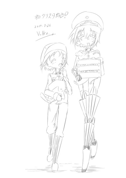 初クリスタで線画描いてみましたうちの子『ヘルミーネ』ちゃんと『カール』くんです#うちの子 #ヘルミーネ・トレーガー #カール・パーヴェルツィーク #線画 #オリジナル #オリキャラ #創作 #創作キャラ #パンツァープッペ #義手 #パワードブーツ #軍服 #制帽 