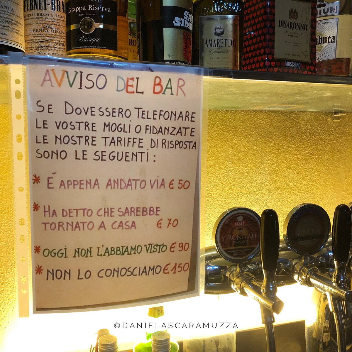 Just saw this behind a #bar. 
TO OUR CUSTOMERS:
Should your wife or girlfriend call in looking for you, here is the list of our services:
• He just left € 50
• He said he was going home
€ 70
• Today we haven’t seen him € 90
•We don’t know him. €150 😀🥂#fun
