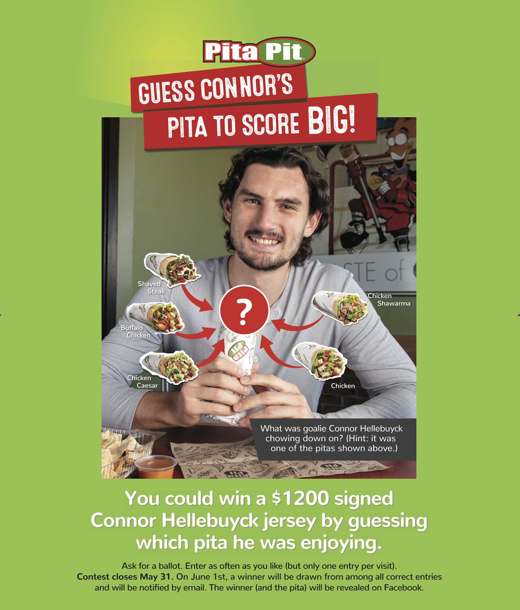 Connor Hellebuyck likes his pita toasted! Visit our Facebook page to learn how you could win a $1200 signed Connor Hellebuyck jersey by guessing which pita he is eating. *Contest closes Friday, May 31st. On June 1st the winner will be announced.