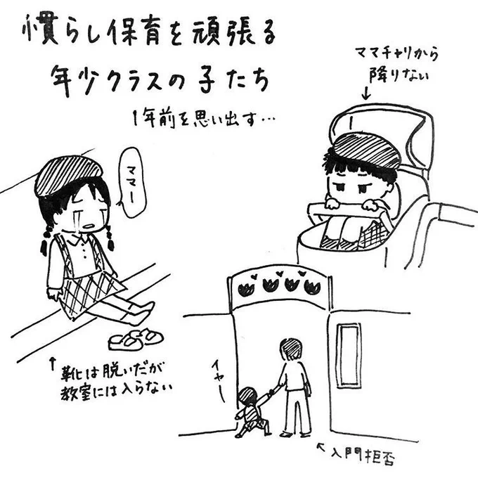 4月、新入園児は慣らし保育に頑張っている。 