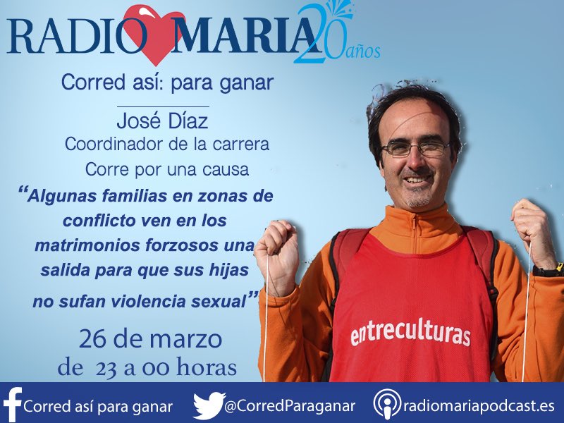 XESchi's tweet photo. Recuerda, en menos de 24 horas, #Corred así, para ganar, conocerás a José Díaz y entreculturas, la peli que nos recomienda Marta Troyano; las noticias que unen Fe y deporte y como va #Copa católica, ¿te lo vas a perder? Mañana martes  a las 23 horas en #Radio María https://t.co/YB8c2sKO0F