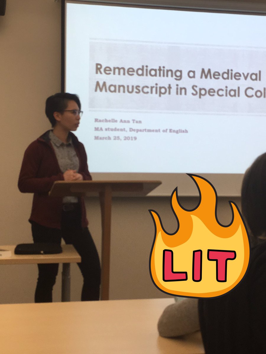 UVicEnglGrad's tweet photo. This afternoon @UVicEngl MA student @rtan00 rocked her public talk about @UVicSC’s MS.Span.1 (the subject of her MA research). Well done, Rachelle! I support you here with cheesy enthusiastic emojis. https://t.co/be4TZ0gPF4