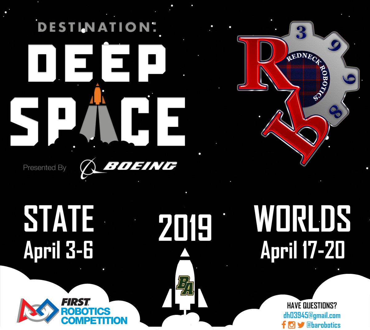 BArobotics's tweet photo. We are excited to annouce that the BA #RedneckRobotics have qualified for #STATE and have been invited to #WORLDS! Our kids have worked hard to get here. Watch out Houston, TX because these rednecks are headed your way in April. #FRC #State #Worlds #DeepSpace #ApolloBassmaster https://t.co/sNwFcOoRqC
