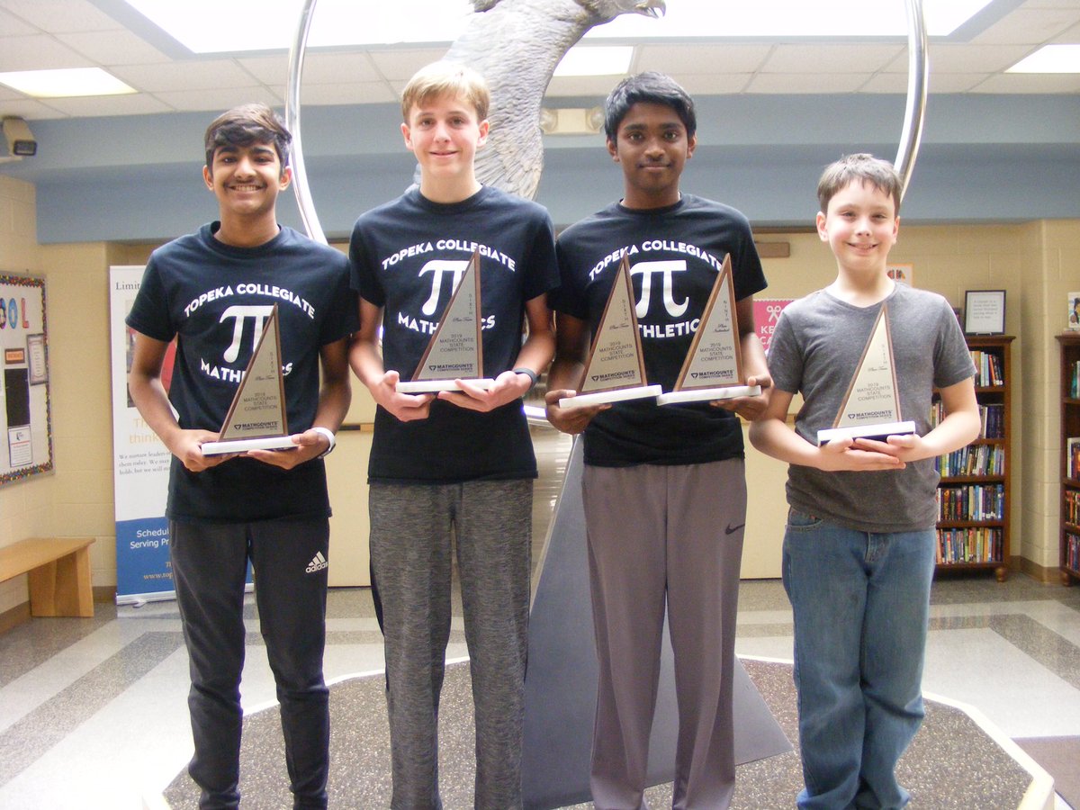 TCSEagles's tweet photo. The Topeka Collegiate School MATHCOUNTS team (Abhi , Rishi, Thomas, and Wyatt) won sixth place at the Kansas MATHCOUNTS competition on Saturday, March 2 at Washburn University. Abhi also won ninth place as an individual competitor. https://t.co/rDxDtnzF3w
