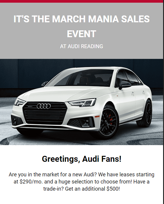 AudiReading's tweet photo. March Madness is coming to a close and so are the March Madness Deals! If you have been looking for a new Audi, THIS IS THE WEEK to get the best deal! Make us an offer and let's find out if we can score a win for you! #marchmadness #audi #audireading https://t.co/05bPPBRU9I