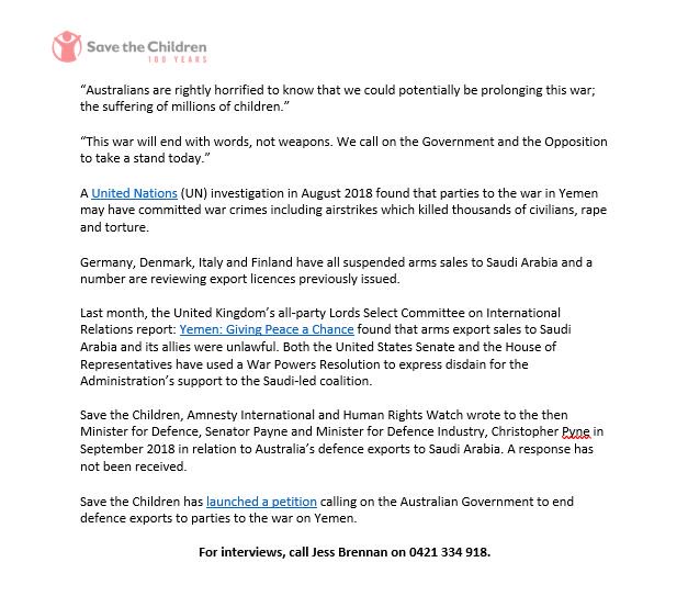 MEDIA RELEASE: Australia must stop arms sales to Saudi &amp; Emirati-led coalition. On the 4th anniversary of the #Yemen war, a war that has seen 85,000 children die of starvation alone, #SaveTheChildren is demanding a change of policy on defence exports. #StoptheWaronChildren