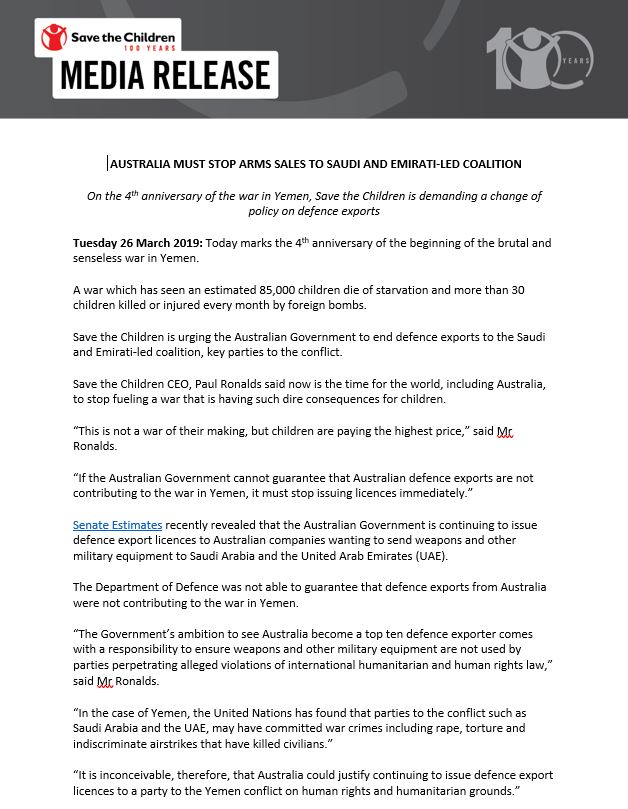SaveAusNews's tweet photo. MEDIA RELEASE: Australia must stop arms sales to Saudi &amp; Emirati-led coalition. On the 4th anniversary of the #Yemen war, a war that has seen 85,000 children die of starvation alone, #SaveTheChildren is demanding a change of policy on defence exports. #StoptheWaronChildren https://t.co/PqjSl7Pwpv