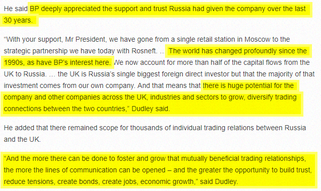 As we found out during the Barker/Deripaska hearings, it is Trade that Theresa May seeks.Bob Dudley said 'The more we can grow that mutually beneficial trading relationship the greater the opportunity to build trust, reduce tensions, create bonds, create jobs, economic growth,”