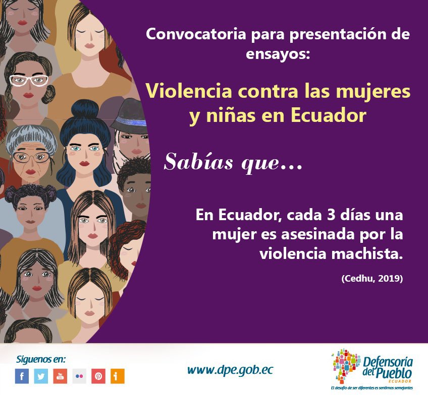 DEFENSORIAEC's tweet photo. INVITACIÓN CONVOCATORIA: La Defensoría del Pueblo te invita a presentar ensayos inéditos sobre Violencia contra las mujeres y niñas en el Ecuador. ¡Participa! 
Conoce más sobre las bases de la convocatoria: https://t.co/c0DCUR0wE3 https://t.co/Xx6B4TNNtG