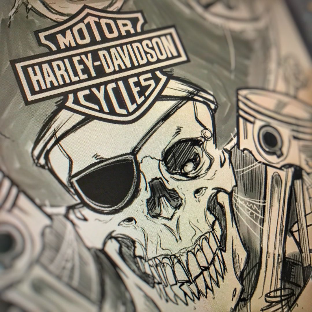 Working on a sketch for another design for Harley Davidson - drawing skelet...