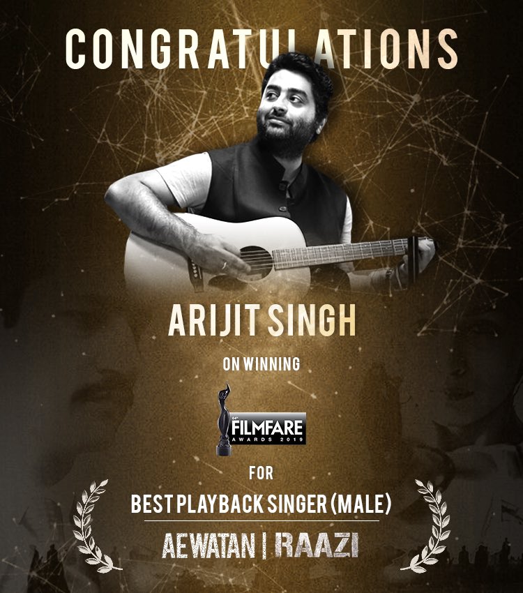 Heartiest congratulations to #tmexclusive @ArijitSingh_ on winning <a href="/filmfare/">Filmfare</a> for ‘Best playback singer (male)’ for Ae Watan  from #Raazi 
#music #awards #filmfare #aewatan #raazi