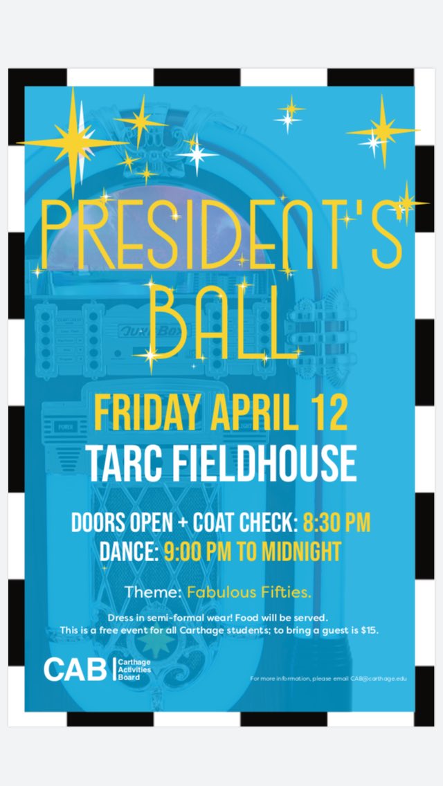 cabevents's tweet photo. Carthage students: 
Sign up March 26th and 27th 12:30-1:30 in the Caf or 4-5 in the Stu! If you bring a guest it will be $15 https://t.co/VbWqWzvOut