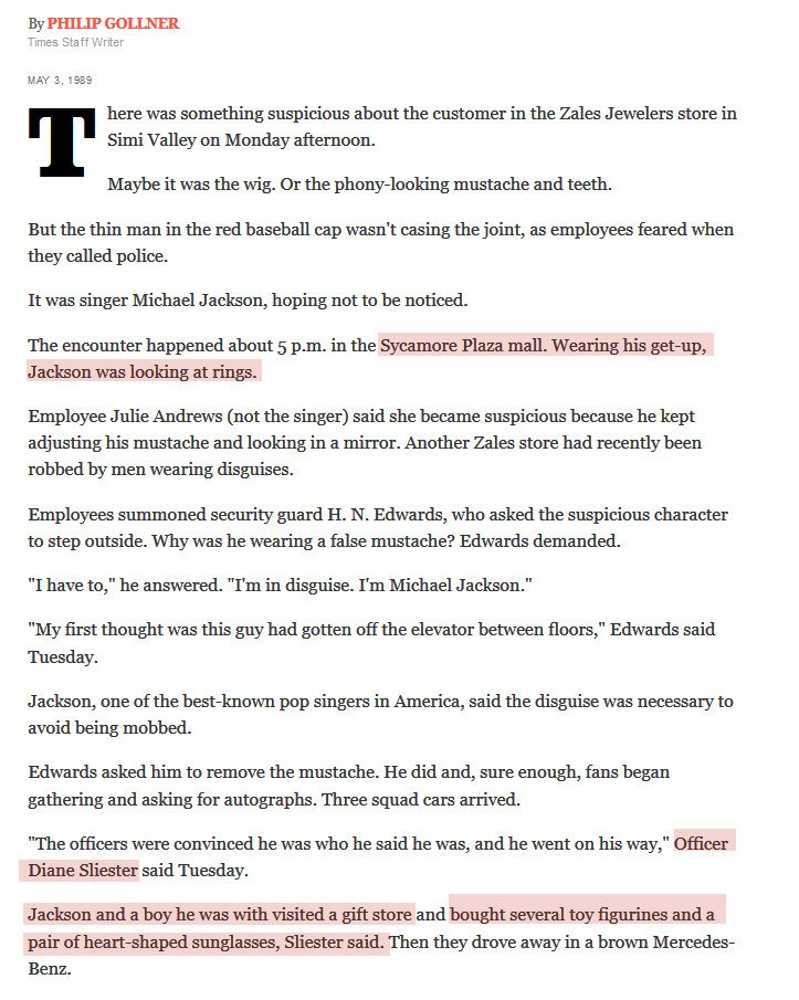 Can't even say I'm surprised. -_-  #leavingneverlandRmbr the claim Jackson took an accuser to a jewelry store to buy a ring? Well, an LA Times article AT THE TIME covered the event. Security guard said they bought "several toy figurines", not a ring. @cnn Not watching  #lhhatl.