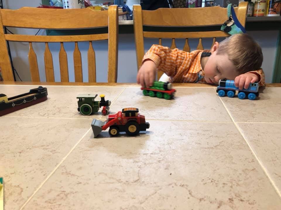 We have entered into the land of #ThomasTheTrain with Andrew... Thankful that we have some of his big brother’s trains and tracks!