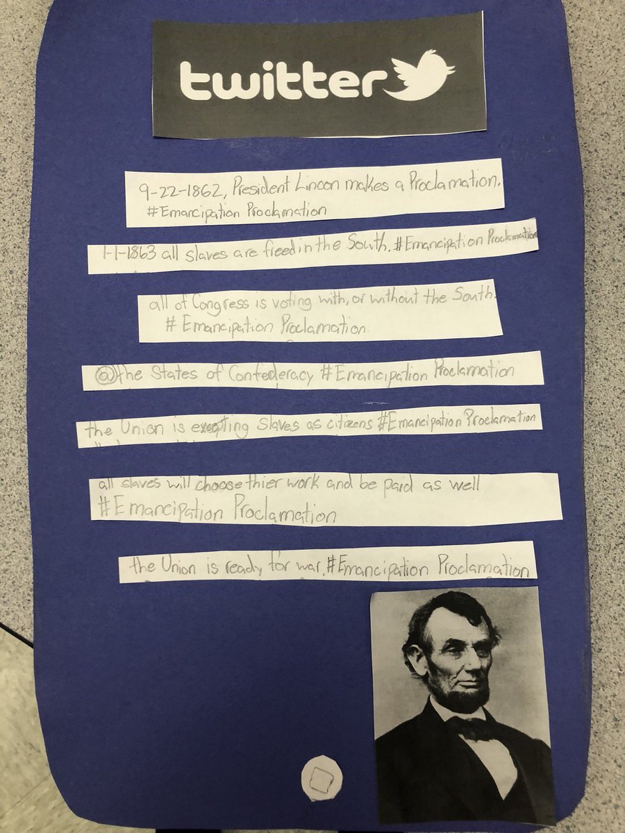 Rose5th's tweet photo. Learning to analyze a primary source and creating our own rendition of the Emancipation Proclamation “Twitter style” #BESBears https://t.co/b0Bo1ToKVe