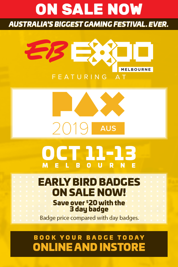 EBGamesAus's tweet photo. Early Bird Badges for Australia's Biggest Gaming Festival Ever are on sale NOW!
Book online and instore today: https://t.co/7gKGDoU0z8
#EBExpo #PAXAus https://t.co/ZxgV6YcWEe