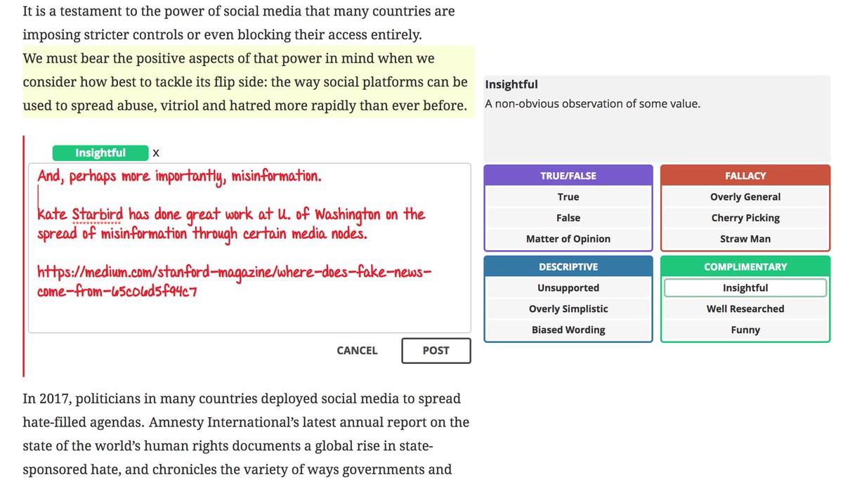 Fiskkit's tweet photo. Do you teach critical thinking/reading/writing?

Email contact@fiskkit.com to try a new tool that lets students comment individual sentences in an article, and tag for common problems. Then see which descriptors get statistically validated by the class! #EdTech #medialiteracy https://t.co/qfHvZwjrlo