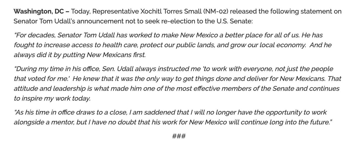 Torres Small Statement on Udall Announcement