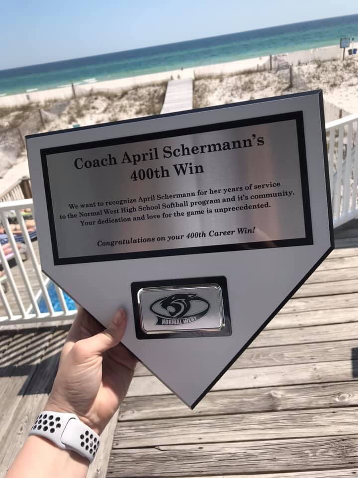 So proud of my lil sis, <a href="/scherm18/">April Schermann</a>! She recently earned her 400th win as head softball coach of Normal West High School. In 16 years as head coach, she has compiled a win-loss record of 401 wins and just 131 losses. Go April!