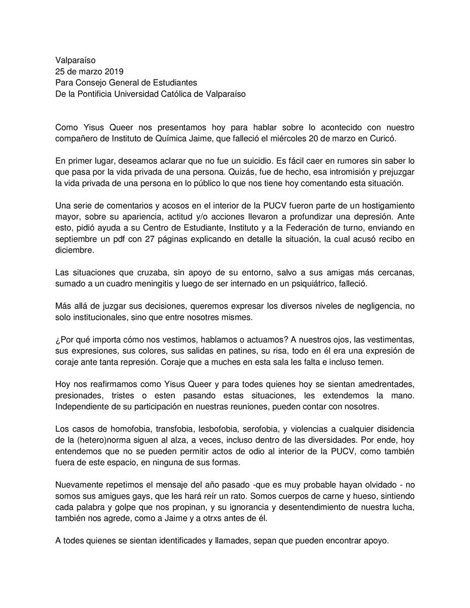CegesexPUCV's tweet photo. Dejamos con ustedes el comunicado de Yisus Queer respecto de la muerte de nuestro compañero de Química Industrial.

Invitamos a toda la comunidad a seguir informándose sobre las medidas que se tomaran. https://t.co/YGMjWtFQqs