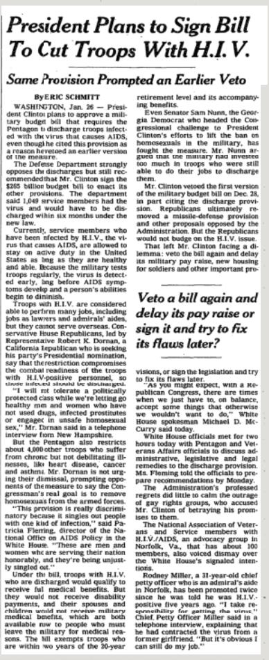 38. Signs a bill that forces the Pentagon to fire soldiers who have HIV.