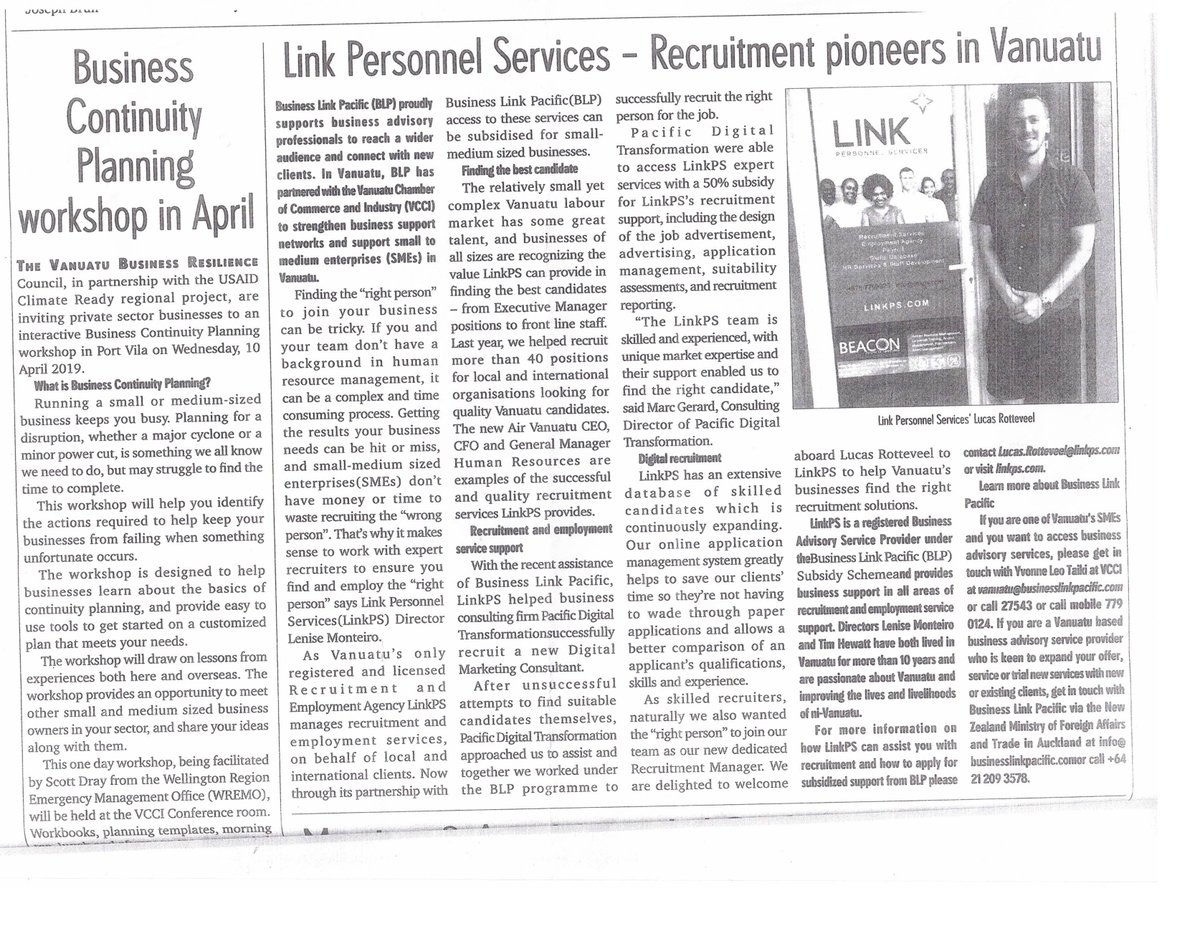 A great write up from the @vanuatudaily of our #Vanuatu based business advisory service, Link Personnel Services Ltd! 

#BLP #businessadvice #LinkPersonnelServices #recruitmentagency #businesssupport #MFAT #NZHighCommissioninVanuatu #VanuatuDailyPost #SMEs