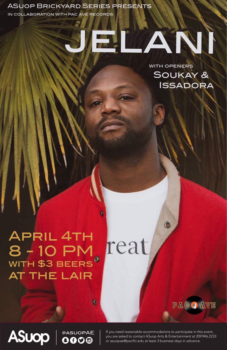 pacaverecords's tweet photo. Jelani and other Pac Ave artists Soukay and Issadora Ava will be performing as a part of ASuop Arts &amp; Entertainment’s Brickyard Series, in collaboration with Pac Ave! Come hang out, grab a beer, and get a first impression of our amazing artists. https://t.co/0YnczOYPkp