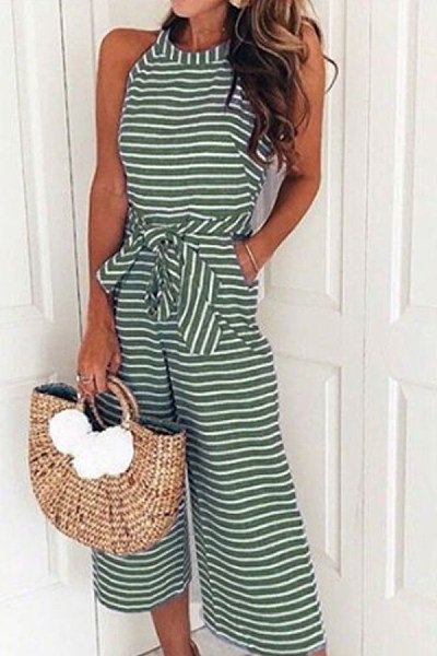striped vacation sleeveless casual jumpsuit