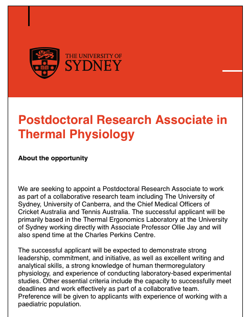 Ollie Jay (@ollie_jay13) on Twitter photo #Postdoc position now open @ThermalErgLab <a href="/Sydney_Uni/">University of Sydney</a> @USydFHS to work on our new <a href="/nhmrc/">NHMRC</a> project grant #extreme #heat #children #sport #Australia with me, <a href="/carolyn_brod/">Carolyn Broderick</a> <a href="/DrJohnOrchard/">John Orchard</a> <a href="/DrJPeriard/">Julien Périard</a> <a href="/UC_RISE/">UCRISE</a> <a href="/_samchalmers/">Samuel Chalmers</a>. Please RT. Apply here by Apr.25: bit.ly/2Op9uUo #Postdoc position now open @ThermalErgLab <a href="/Sydney_Uni/">University of Sydney</a> @USydFHS to work on our new <a href="/nhmrc/">NHMRC</a> project grant #extreme #heat #children #sport #Australia with me, <a href="/carolyn_brod/">Carolyn Broderick</a> <a href="/DrJohnOrchard/">John Orchard</a> <a href="/DrJPeriard/">Julien Périard</a> <a href="/UC_RISE/">UCRISE</a> <a href="/_samchalmers/">Samuel Chalmers</a>. Please RT. Apply here by Apr.25: bit.ly/2Op9uUo