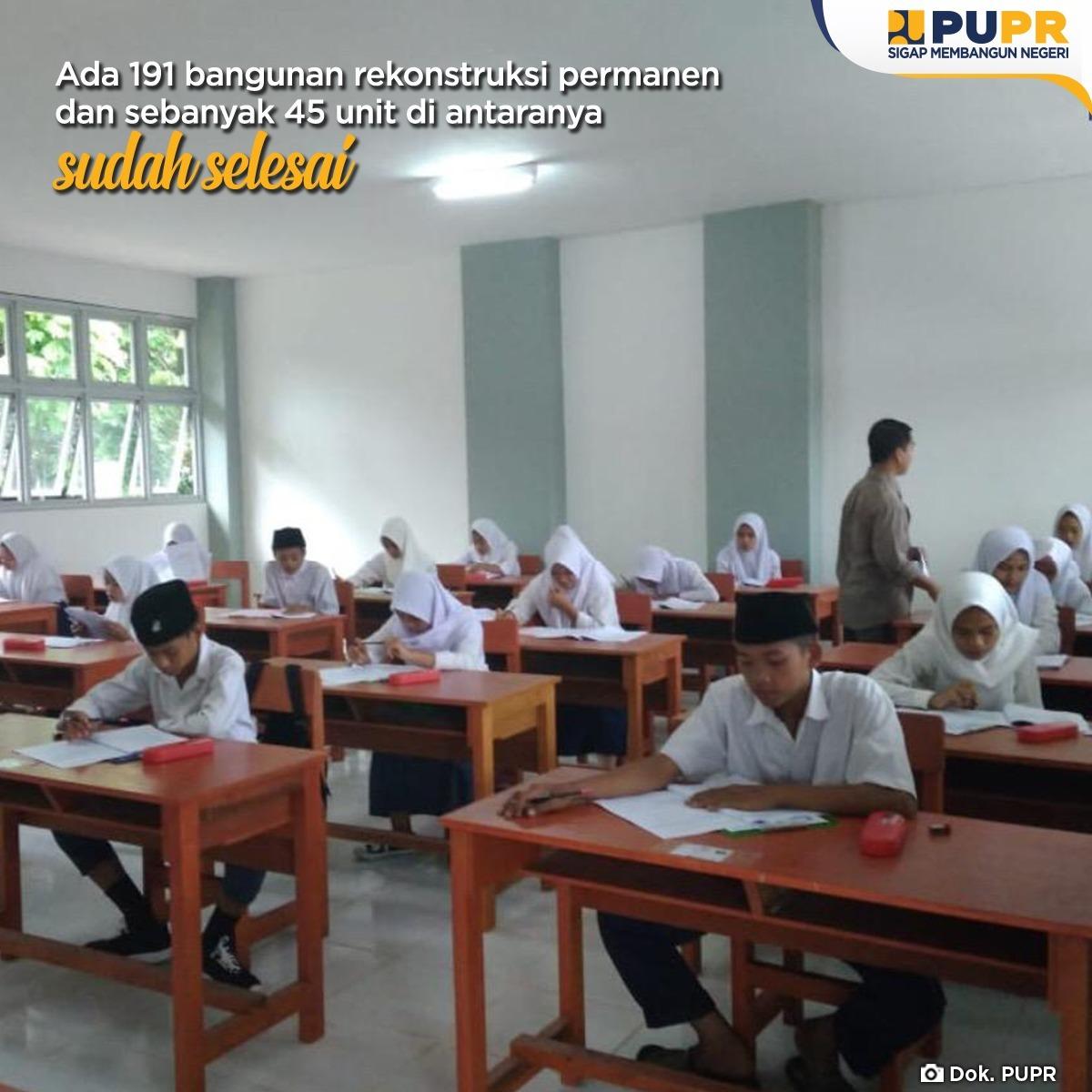 Selanjutnya utk rekonstruksi permanen ada 191 bangunan fasilitas publik seperti fasilitas pendidikan, fasilitas kesehatan, fasilitas perekonomian, fasilitas ibadah. Sebanyak 45 unit di antaranya sdh selesai dan sisanya sedang proses konstruksi. 

#PUPRTanggap