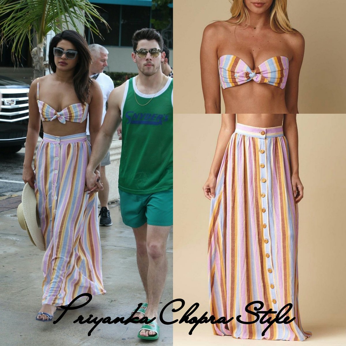 PChopraStyle's tweet photo. .@priyankachopra out with @nickjonas in Miami wearing :
• #Montce bikini top ($122) and skirt ($188)
• #byFAR "Libra" patent leather sandals (€320) https://t.co/OqyoI8CLWK