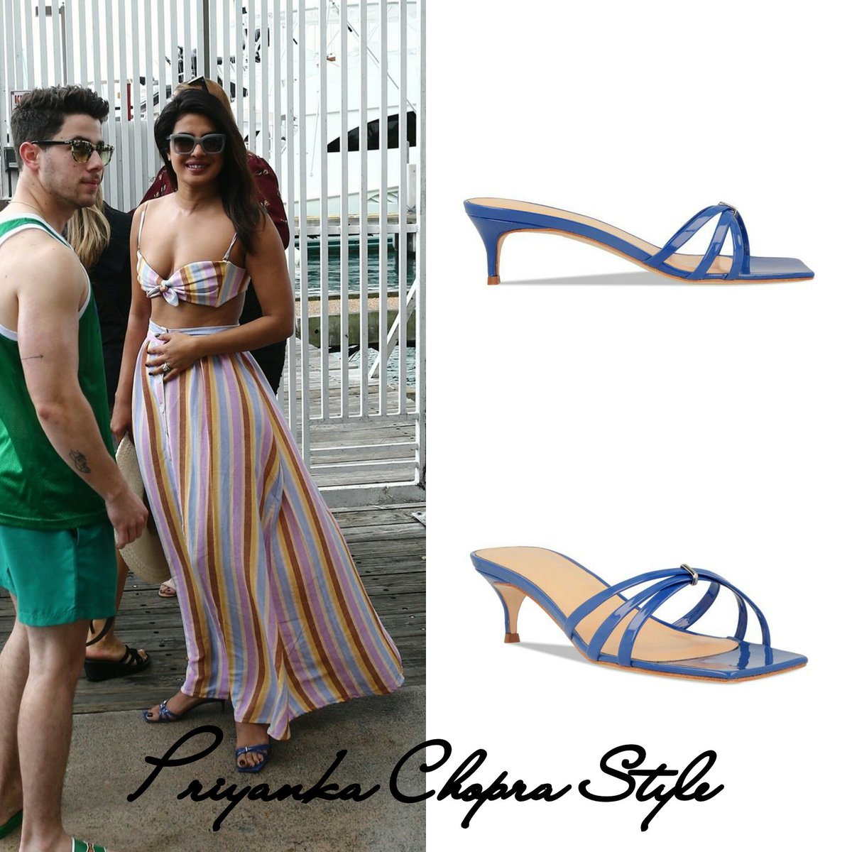 PChopraStyle's tweet photo. .@priyankachopra out with @nickjonas in Miami wearing :
• #Montce bikini top ($122) and skirt ($188)
• #byFAR "Libra" patent leather sandals (€320) https://t.co/OqyoI8CLWK