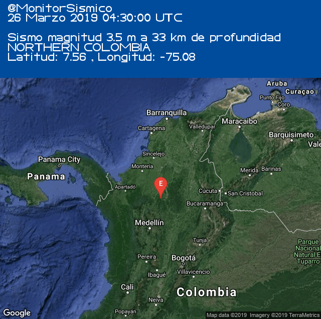 MonitorSismico's tweet photo. #Sismo M 3.5 NORTHERN COLOMBIA. 26-03-2019 04:30 UTC https://t.co/eCoTQSmG2c #Temblor #CSEM #EMSC https://t.co/nLBXYRUrr1