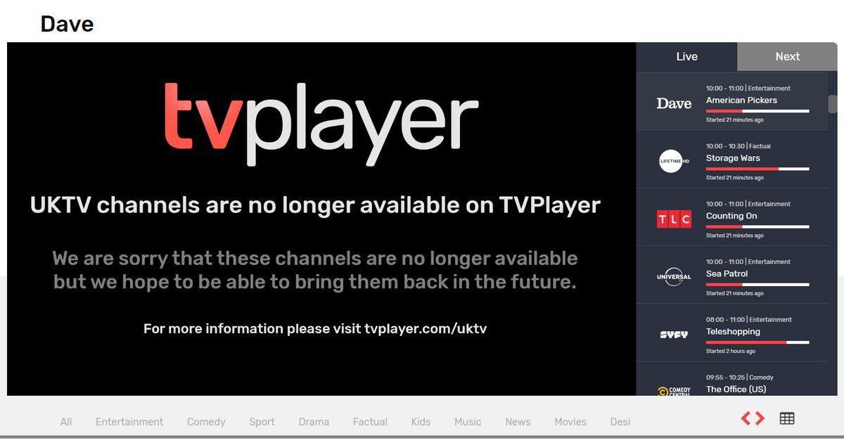 GodboldUK's tweet photo. I can forsee dark clouds forming over the British free to view TV streaming site #TVPlayer - It seems that 'UKTV' channels are no longer available to them for broadcasting. This would explain the frantic recent advertising and prompting for full subscriptions! #Dave https://t.co/jR5Ch5XnUo