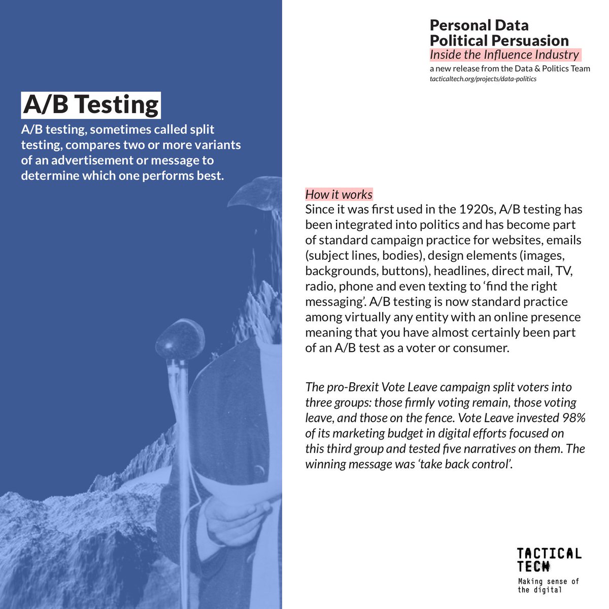Info_Activism's tweet photo. How is your data used to influence your vote? Our new guide on #datadrivencampaigning covers 13 of the methods. Chapter 4 is about A/B Testing. Read the full guide at https://t.co/khv68KogAe #electiondata #howitworks https://t.co/w3nGhmVjK3