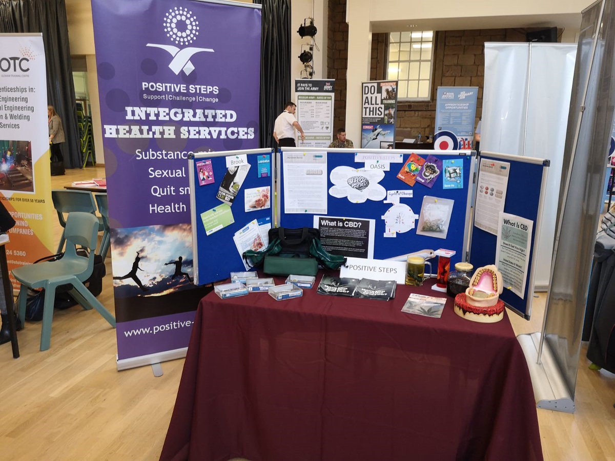 Rachael &amp; David are all set up at the <a href="/BlueCoat_Oldham/">TheBlueCoatSchool</a> Careers Fair, come say hello and find out about <a href="/PositiveSteps/">Positive Steps</a> and the work we do in schools and communities across Oldham, Rochdale &amp; Tameside