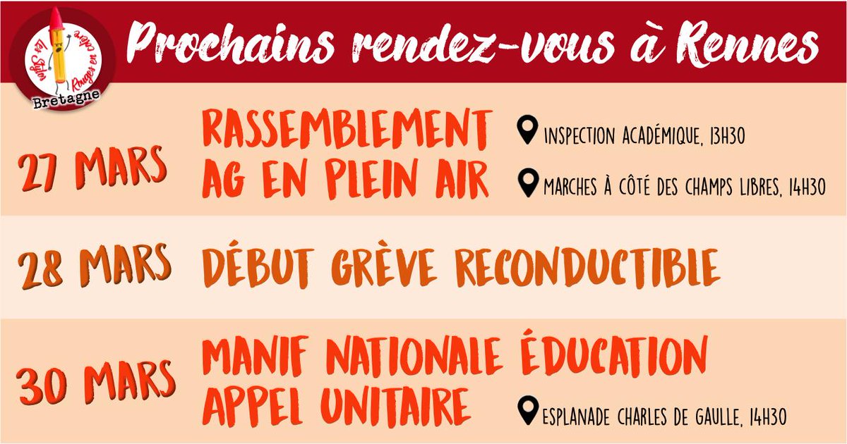 SRBzh's tweet photo. ✊ Prochains rendez-vous à #Rennes!
Rassemblement suivi d'une AG #éducation ouverte à tous mercredi #27mars. 
Nous étions plus de 200 la semaine dernière.
Soyons nombreu·ses pour décider de la suite du mouvement! 
#AESH #AED #ecoledelaconfiance #Blanquer #Bretagne #illeetvilaine https://t.co/28fEzffDau