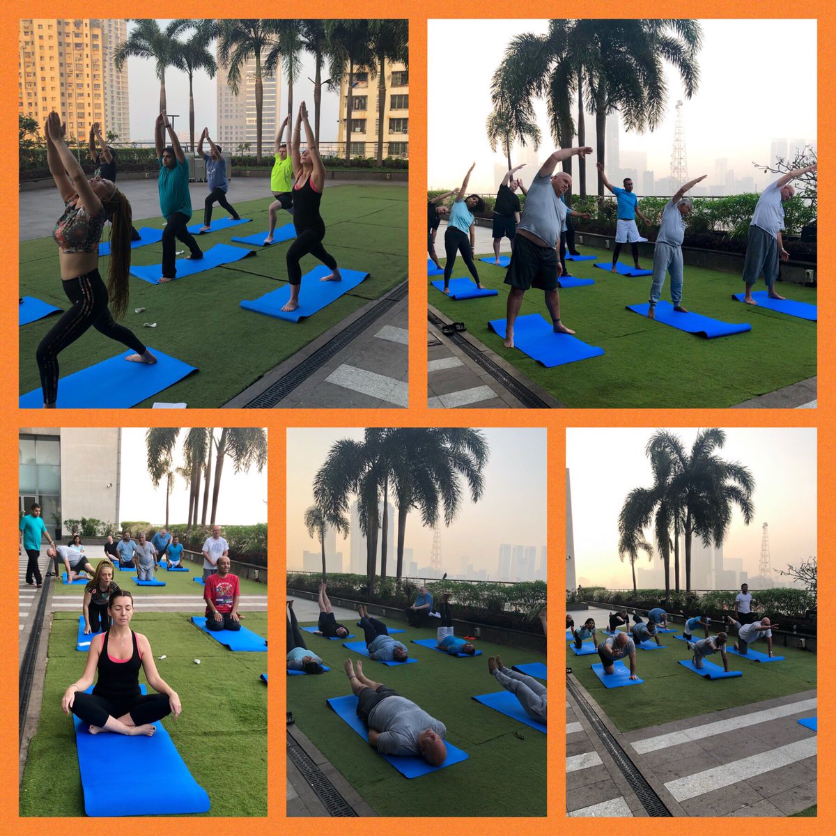 Imemmabeaumont's tweet photo. Sunrise rooftop #yoga to kickstart the day in #mumbai with the @AntWorksGlobal #leadership team. Namaste. #AntWorksisFun #AntWorksisF https://t.co/JaAEtpfe9x