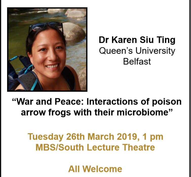 QUBIGFS's tweet photo. Don't miss today's seminar by Dr Karen Siu Ting on poison arrow #frogs &amp; the #microbiome - the 1st time the #Microbes &amp; #pathogenbiology seminar series @QUBbioscience &amp; IGFS has been addressed by a #postdoc 

Come along &amp; support our Early Stage Researchers! 🐸

#ecr2019 #ecrchat https://t.co/hOAdHapqXj