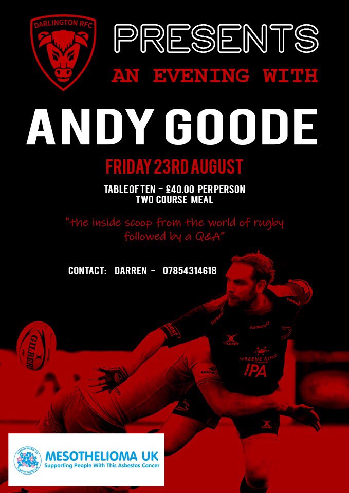 Join us for an evening with <a href="/AndyGoode10/">Andy Goode</a> on Friday 23 August in support of <a href="/Mesouk/">Mesothelioma UK</a>