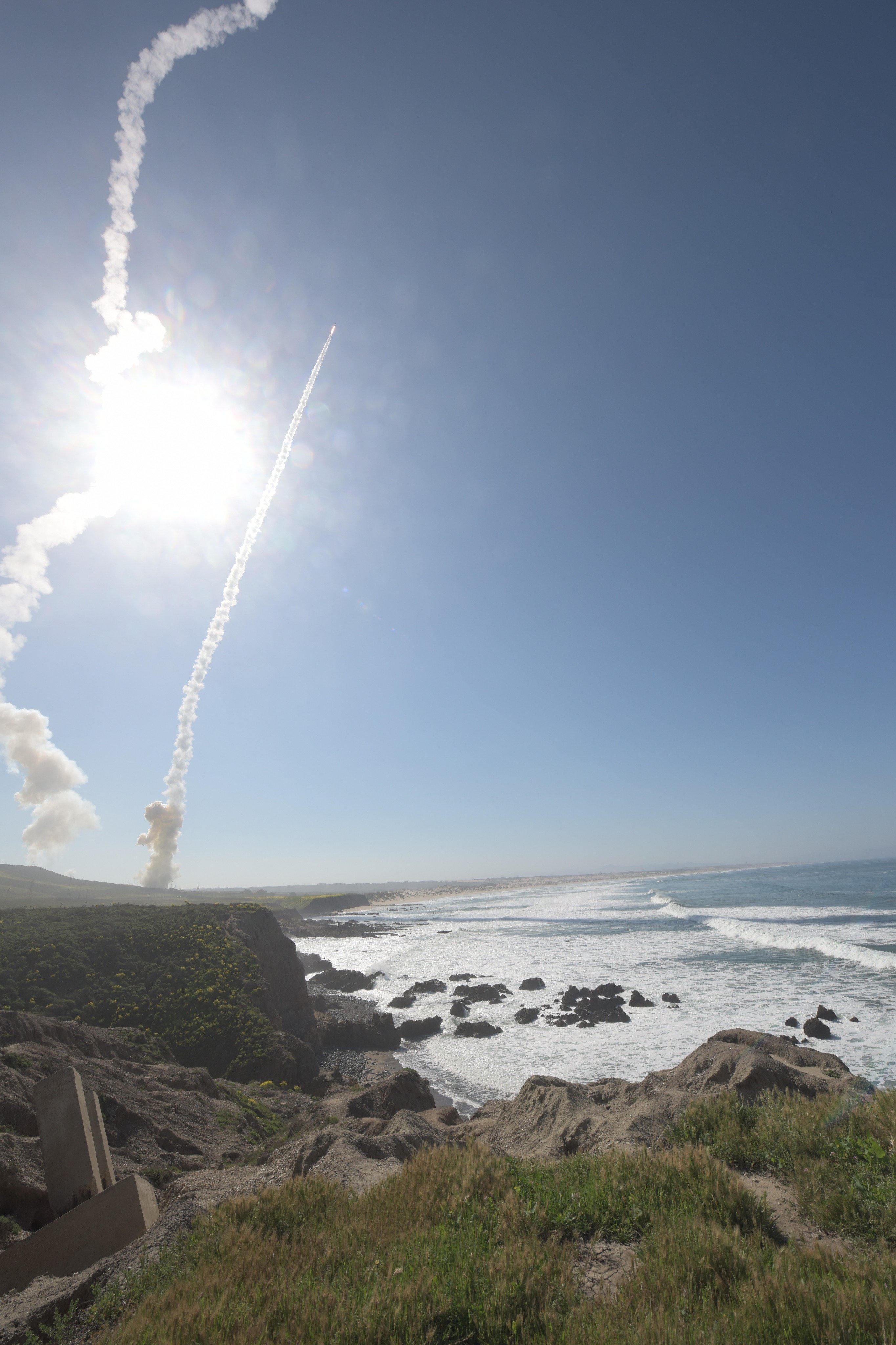 Two long-range Ground-based Interceptors launched from Vandenberg Air Force Base, Calif., March 25, 2019, in the first-ever salvo engagement test of a threat-representative ICBM target. The two GBIs successfully intercepted a target launched from the Ronald Reagan Ballistic Missile Defense Test Site on Kwajalein Atoll.