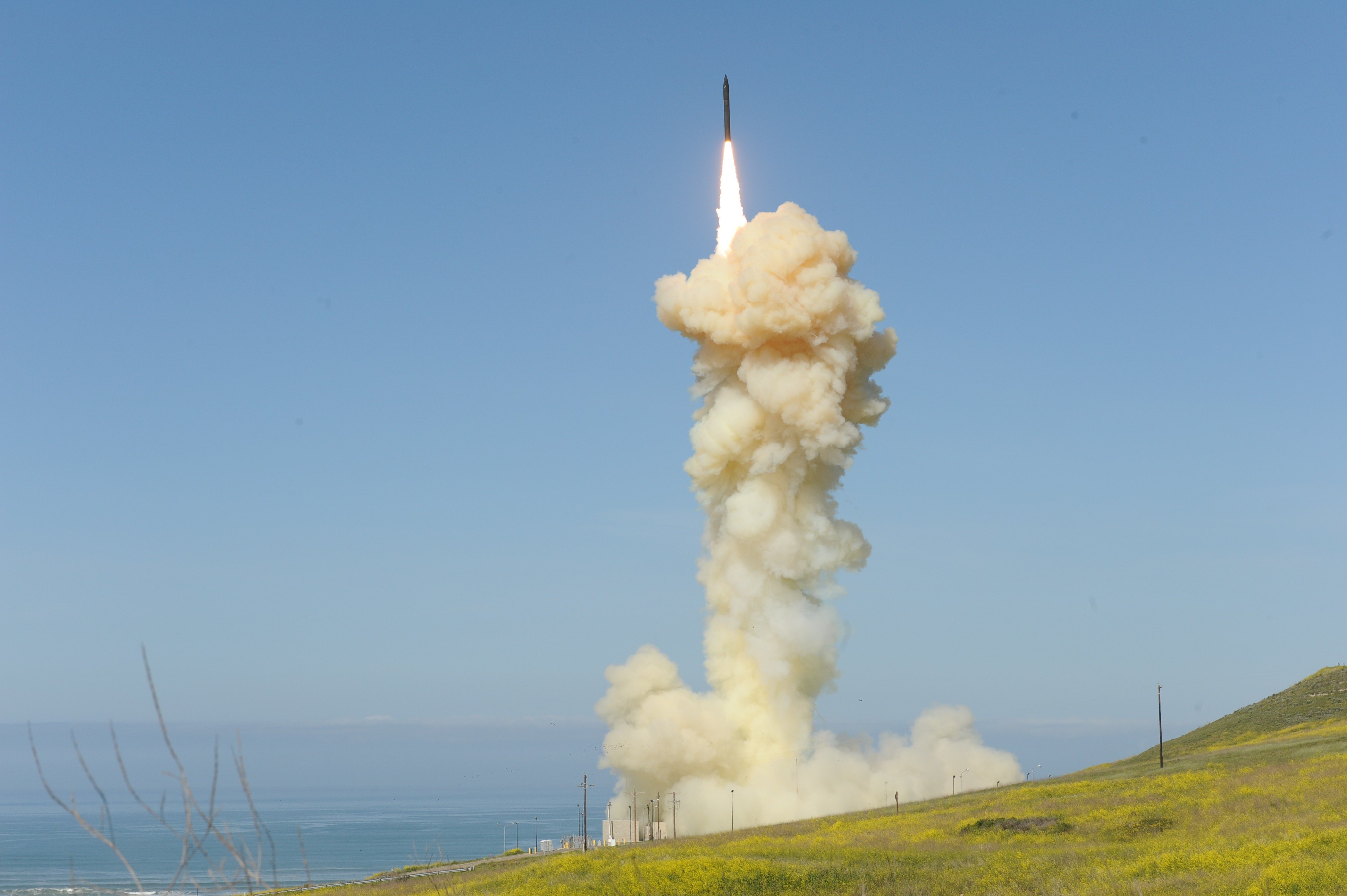 The 'lead' Ground-based Interceptor is launched from Vandenberg Air Force Base, Calif., March 25, 2019, in the first-ever salvo engagement test of a threat-representative ICBM target. The two GBIs successfully intercepted a target launched from the Ronald Reagan Ballistic Missile Defense Test Site on Kwajalein Atoll.