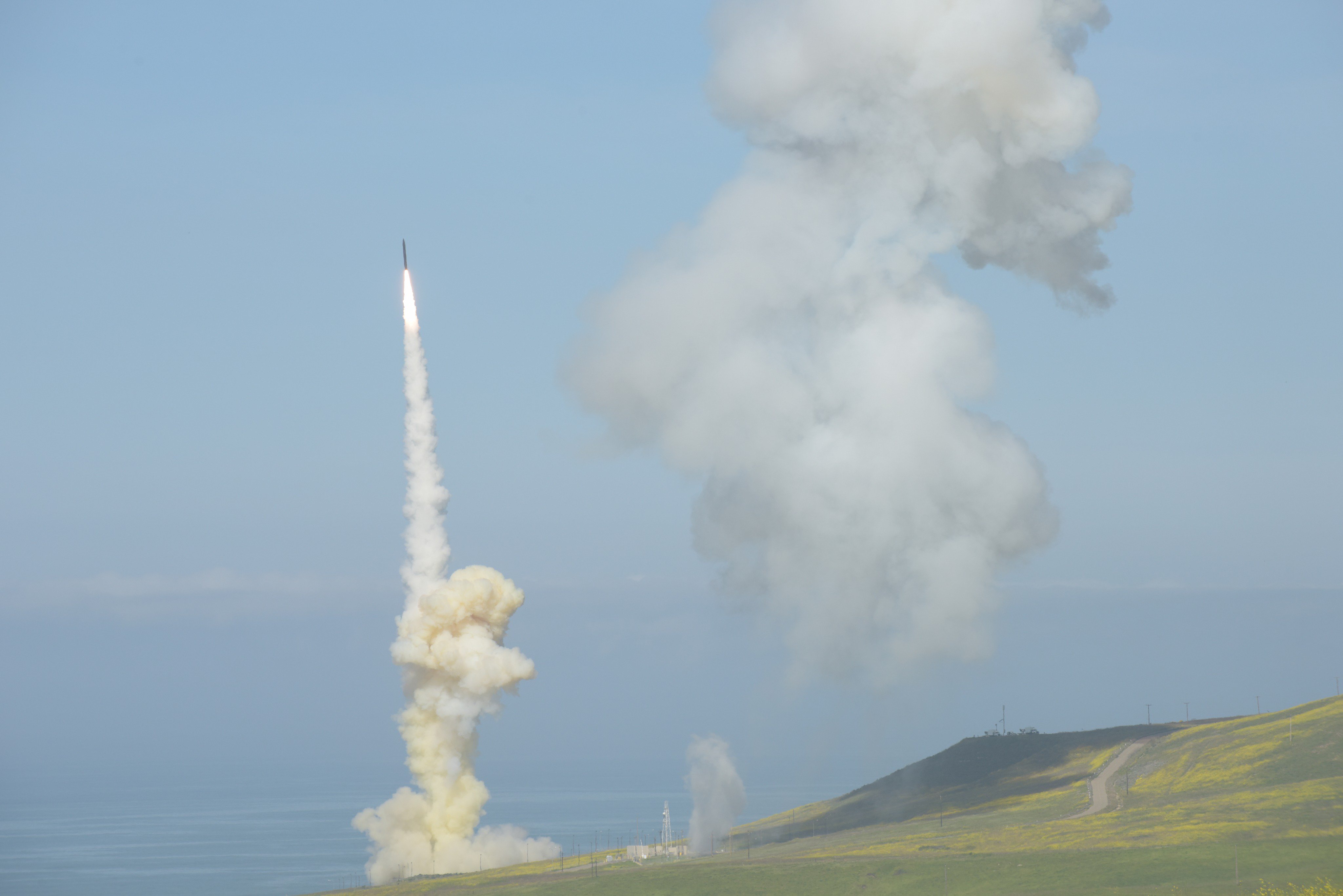 The 'trail' Ground-based Interceptor is launched from Vandenberg Air Force Base, Calif., March 25, 2019, in the first-ever salvo engagement test of a threat-representative ICBM target. The two GBIs successfully intercepted a target launched from the Ronald Reagan Ballistic Missile Defense Test Site on Kwajalein Atoll.