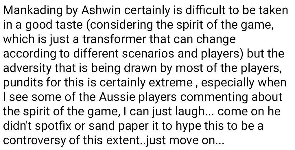 pramood99's tweet photo. Mankading by Ashwin certainly is difficult to be taken in a good taste (considering the spirit of the game, which ... https://t.co/mMIOCSunq3