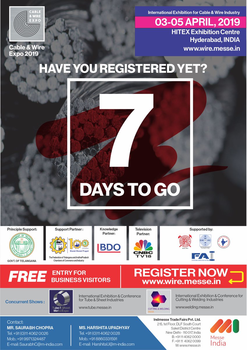 WireExpo's tweet photo. 7 days to go
Don't miss the Chance!!
Join the premium show of Cable &amp; Wire Industry at Cable &amp; Wire Expo 2019, HITEX Hyderabad
Register Now on https://t.co/9jIPTSJ2pp
#cableandwireexpo2019 #exhibition #cables #wire #register #today #hyderabad #telangana #businessevent #messeindia https://t.co/AtRUBSMJk5